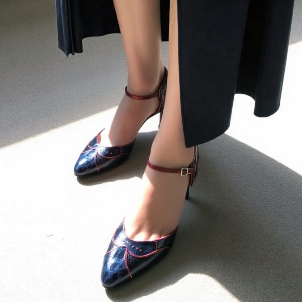Laurence Dacade Paris Navy Red Leather Ankle Strap Pumps Sz 39